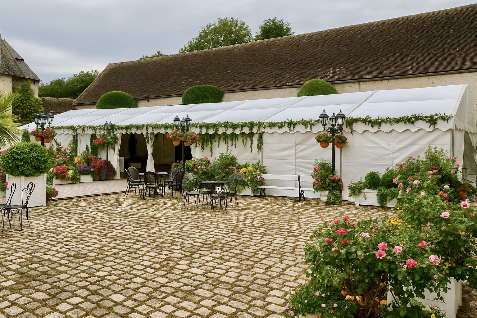location tente réception 8x24m avec décoration florale manoir du Tronchet 91 Essonne – duoZ events