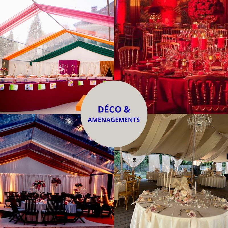 Aménagements événementiels avec mobilier et décoration pour réceptions, événements professionnels et institutionnels